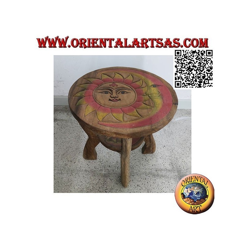 Niedriger runder Tisch aus Suarholz mit handbemalter gravierter Sonne
