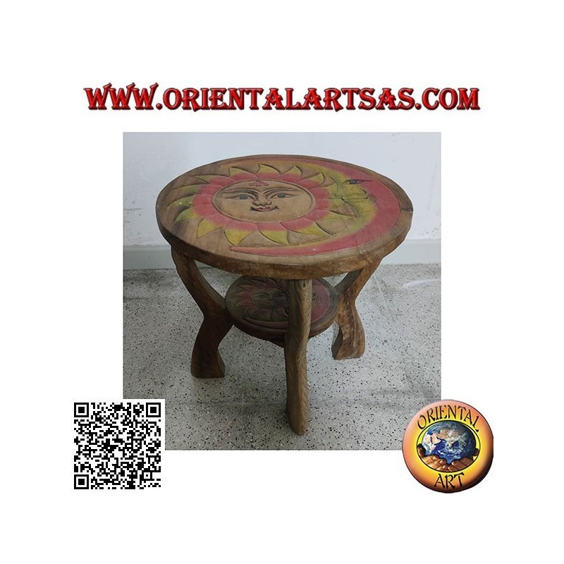 Mesa baja redonda en madera de suar con sol grabado pintado a mano