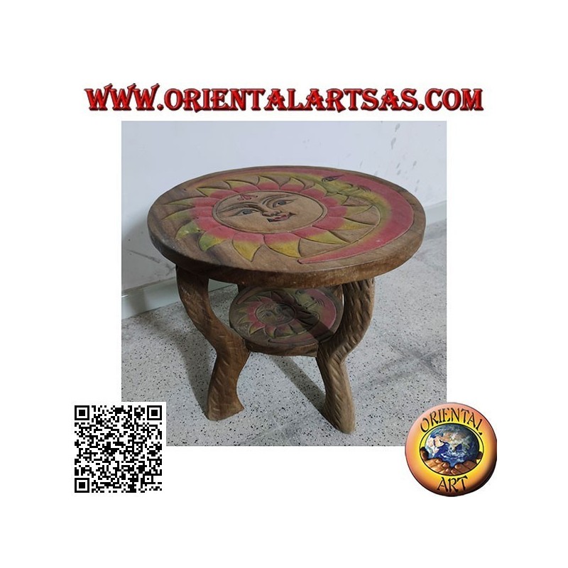Mesa baja redonda en madera de suar con sol grabado pintado a mano