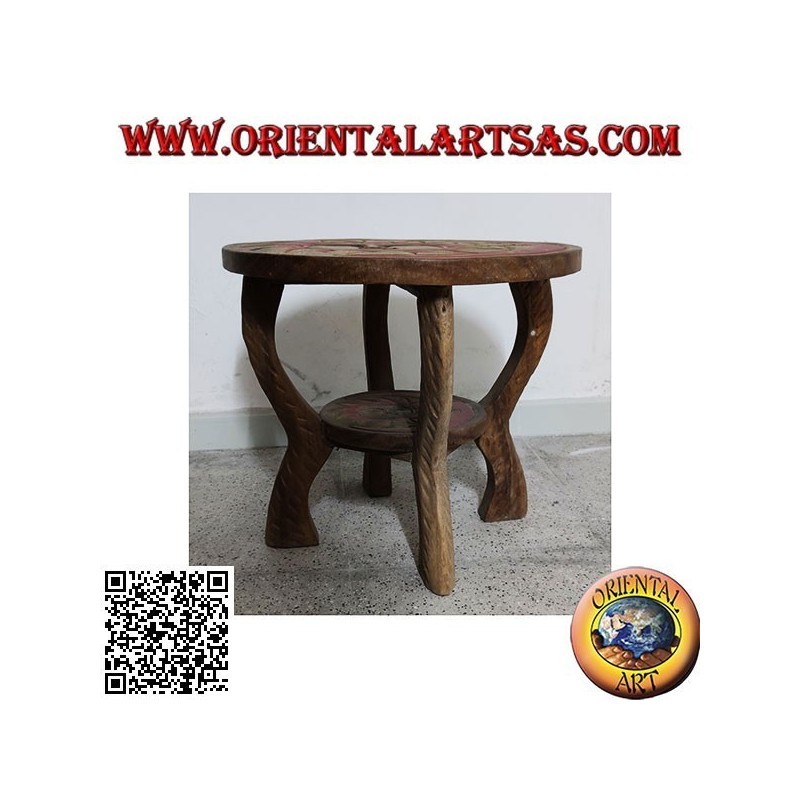 Niedriger runder Tisch aus Suarholz mit handbemalter gravierter Sonne