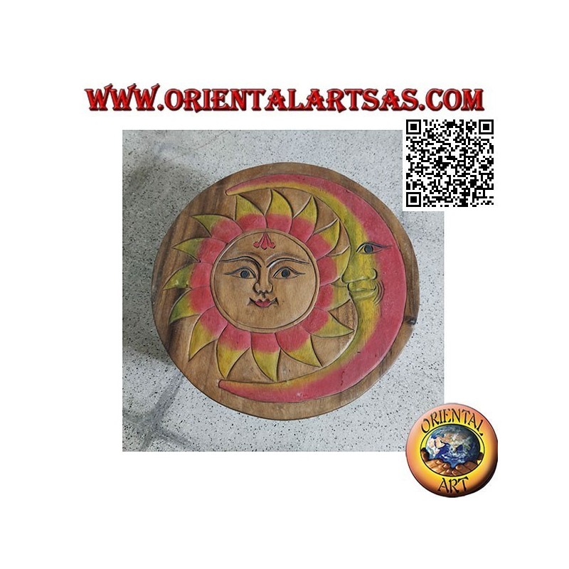 Niedriger runder Tisch aus Suarholz mit handbemalter gravierter Sonne