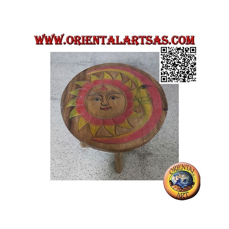 Niedriger runder Tisch aus Suarholz mit handbemalter gravierter Sonne