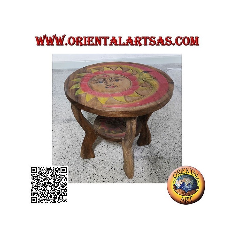 Niedriger runder Tisch aus Suarholz mit handbemalter gravierter Sonne