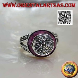 Marcasite-studded dome silver ring and natural oval ruby ring