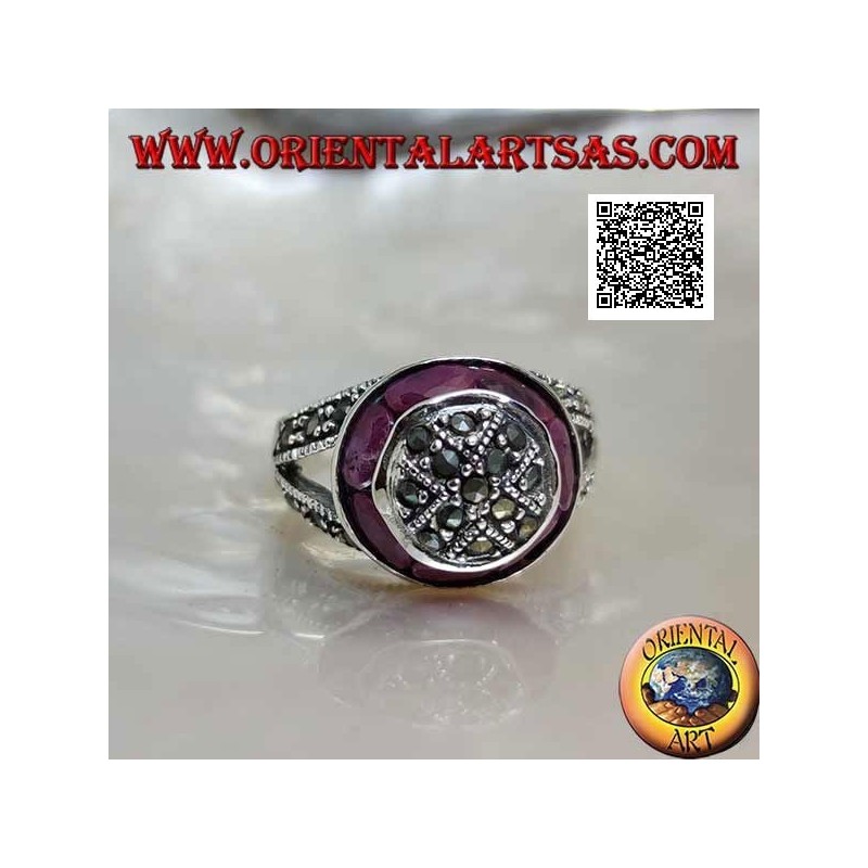 Marcasite-studded dome silver ring and natural oval ruby ring