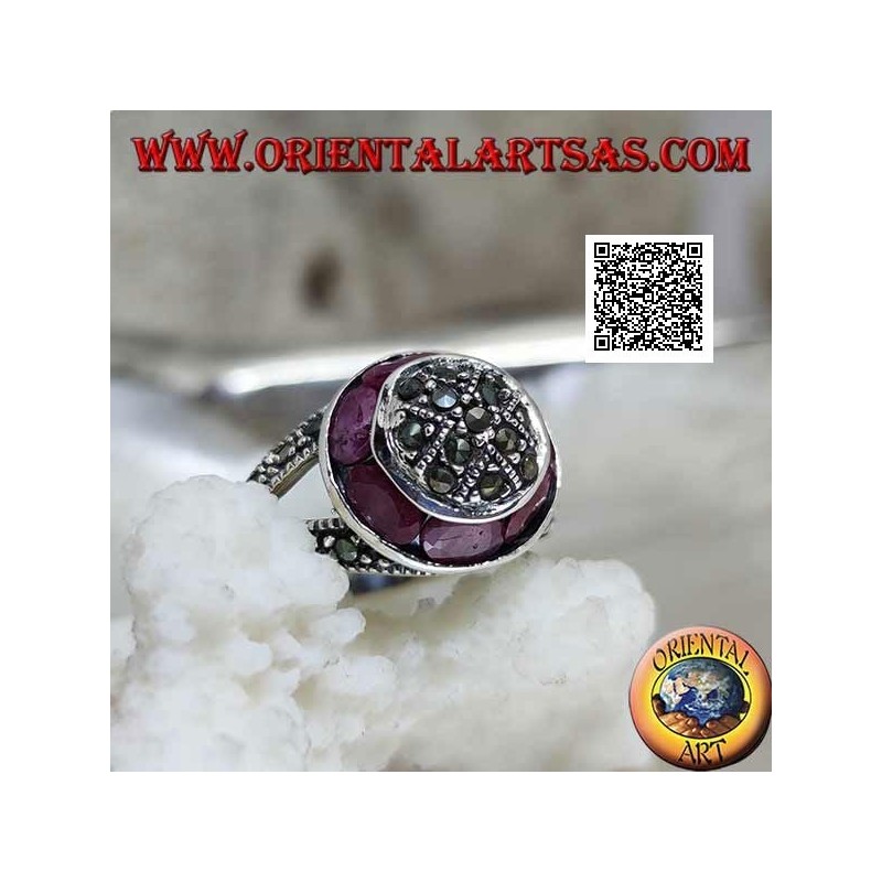 Anello in argento a cupola tempestata di marcassite e anello circolare di rubini ovali naturali