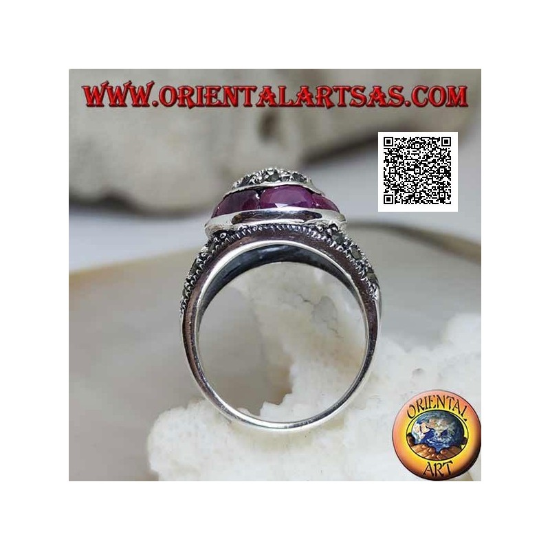 Marcasite-studded dome silver ring and natural oval ruby ring