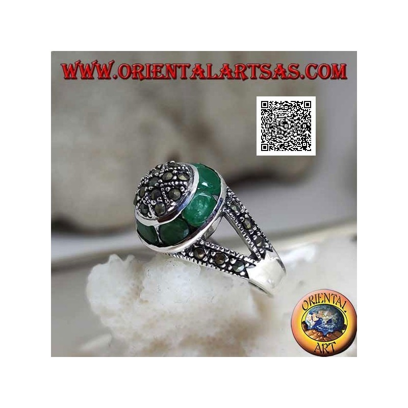 Marcasite-studded dome silver ring and natural oval emerald circular ring