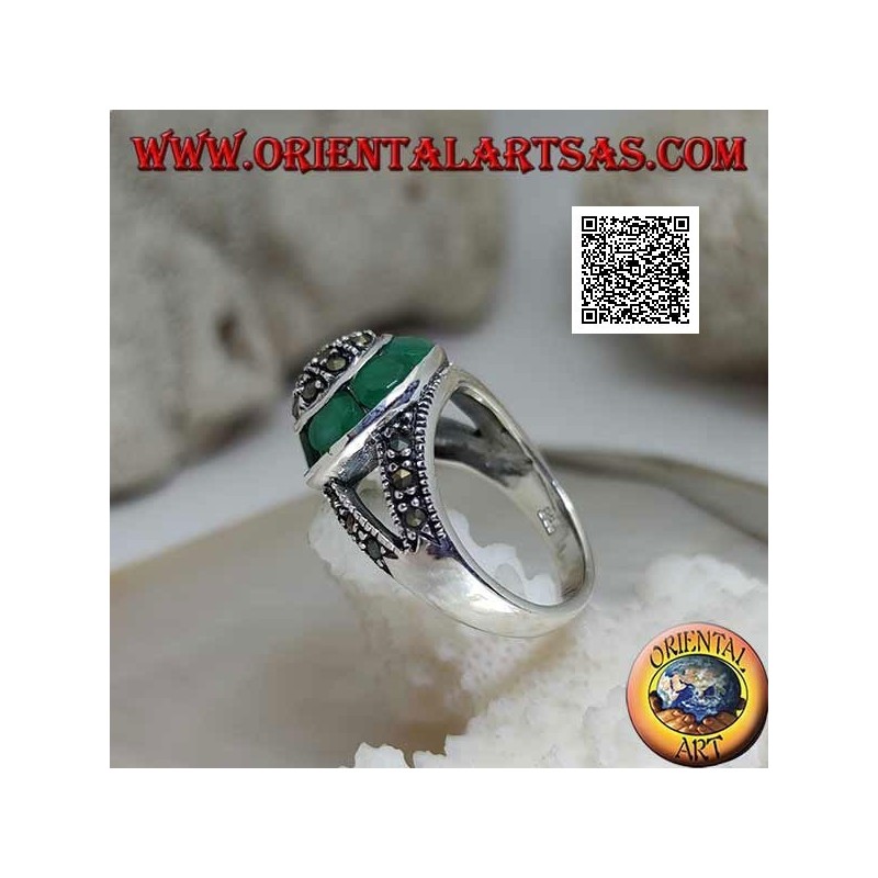 Bague en argent avec dôme en marcassite et bague circulaire émeraude ovale naturelle