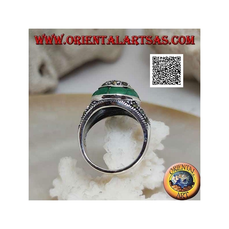 Bague en argent avec dôme en marcassite et bague circulaire émeraude ovale naturelle