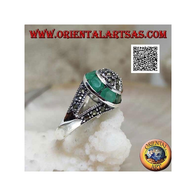 Bague en argent avec dôme en marcassite et bague circulaire émeraude ovale naturelle