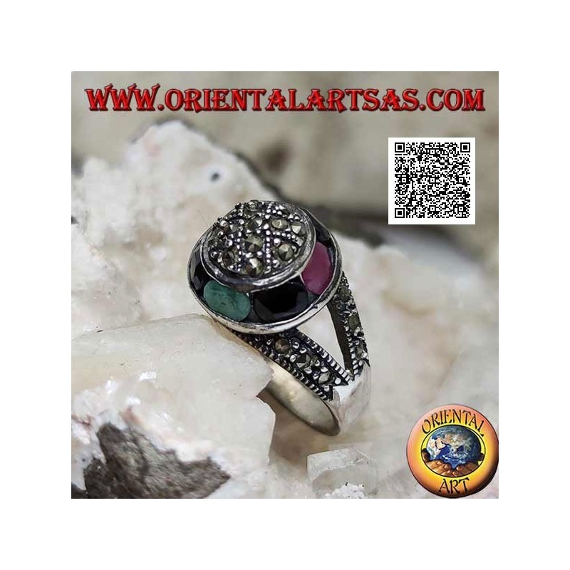Anillo de plata con cúpula de marcasita y anillo de esmeralda ovalada natural, rubí y zafiro