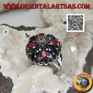 Anello in argento con rubini e zaffiri ovali naturali incastonati con maracssite centrale su cupola e intorno