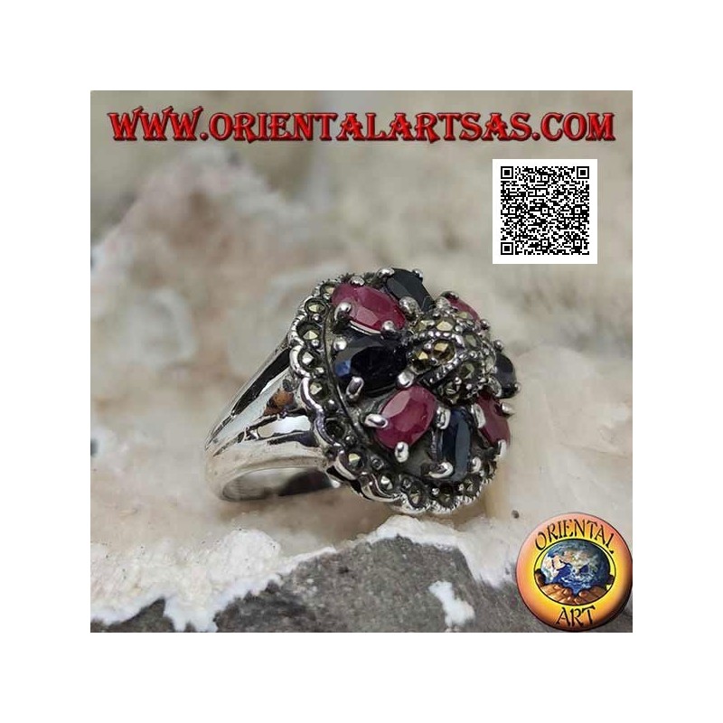 Bague en argent avec rubis et saphirs ovales naturels sertis d'un maracsite central sur le dôme et autour
