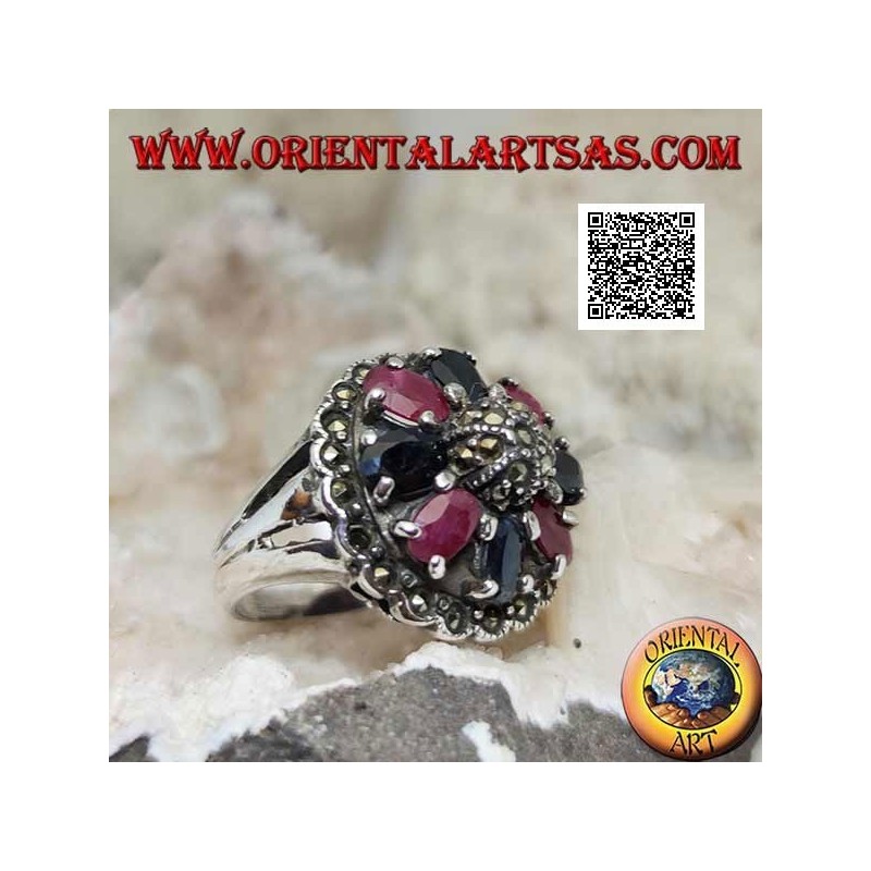 Anello in argento con rubini e zaffiri ovali naturali incastonati con maracssite centrale su cupola e intorno