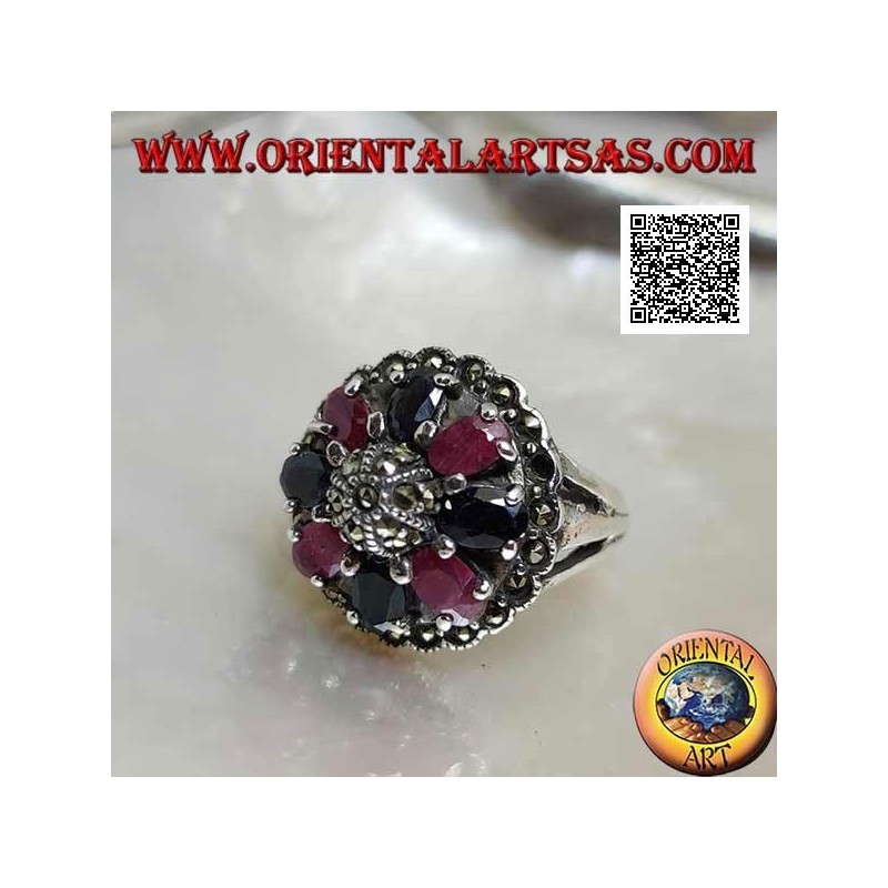 Anello in argento con rubini e zaffiri ovali naturali incastonati con maracssite centrale su cupola e intorno