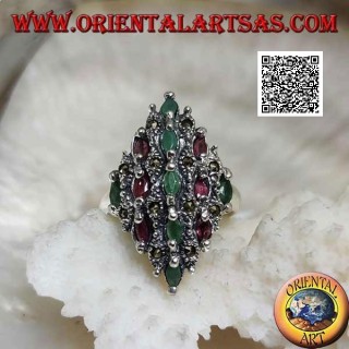 Silver diamond ring studded with natural oval tiered rubies and emeralds and marcasite