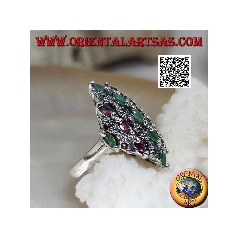 Bague diamant en argent sertie de rubis et d'émeraudes et de marcassite ovales