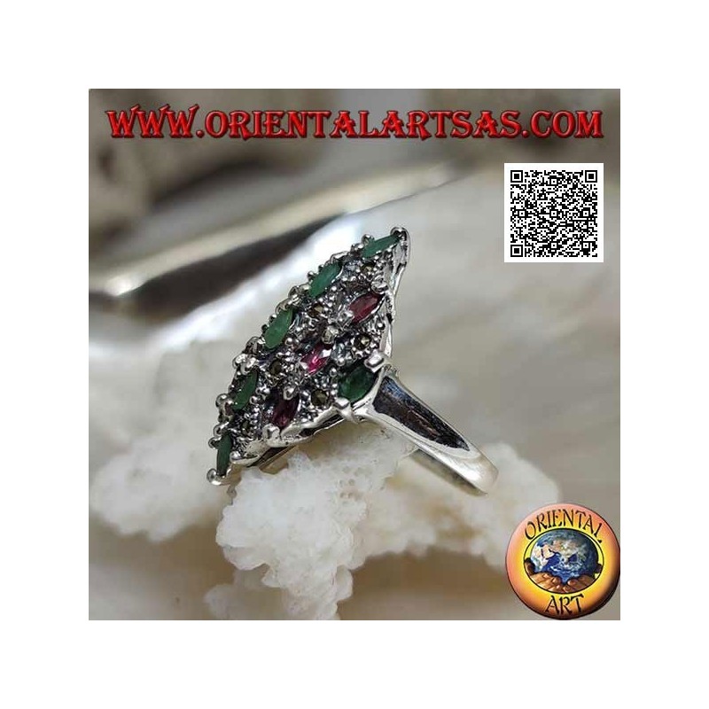 Silver diamond ring studded with natural oval tiered rubies and emeralds and marcasite