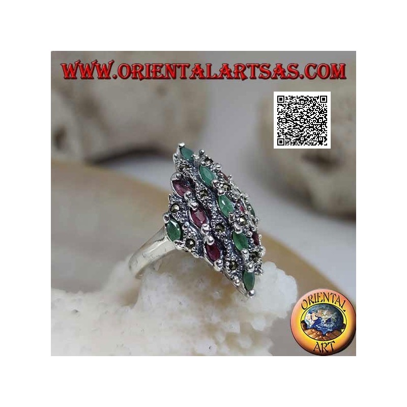 Silver diamond ring studded with natural oval tiered rubies and emeralds and marcasite