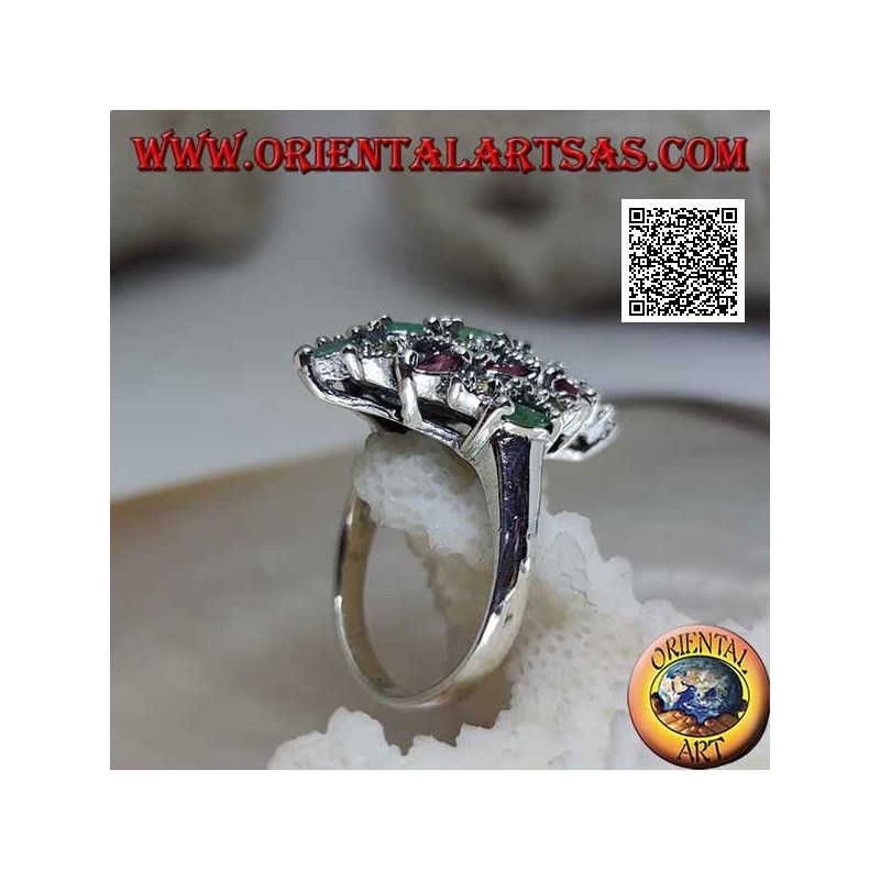 Anello in argento a rombo tempestato di rubini e smeraldi naturali ovali a file e marcasite