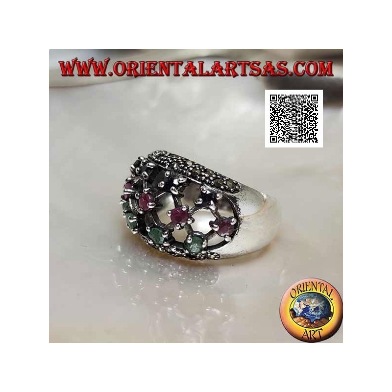 Silver band ring with rubies, emeralds and round sapphires set on perforated canvas and marcasite