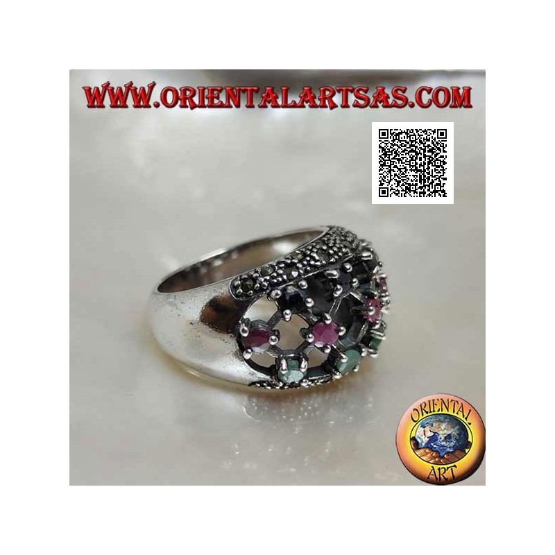Silver band ring with rubies, emeralds and round sapphires set on perforated canvas and marcasite