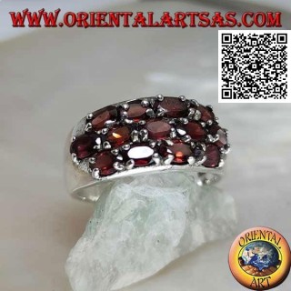 Silver band ring with three rows of oval natural garnets set in a checkerboard pattern