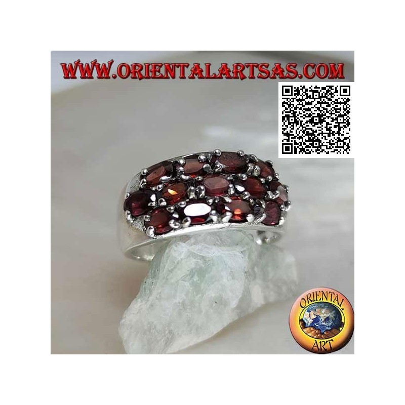 Silver band ring with three rows of oval natural garnets set in a checkerboard pattern