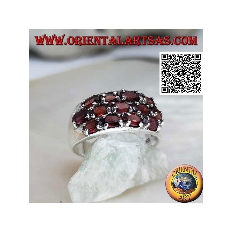 Silver band ring with three rows of oval natural garnets set in a checkerboard pattern
