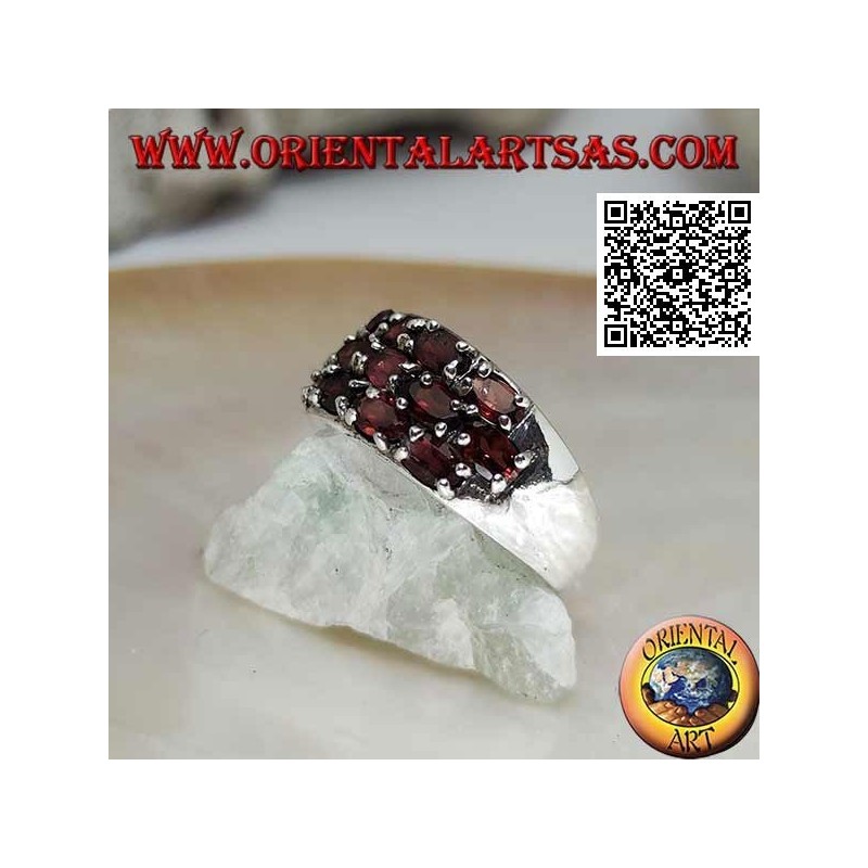 Silver band ring with three rows of oval natural garnets set in a checkerboard pattern