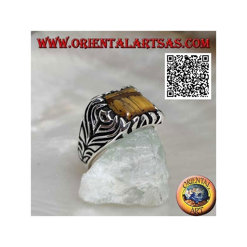 Silver ring with square tiger eye and flower engraved on the sides