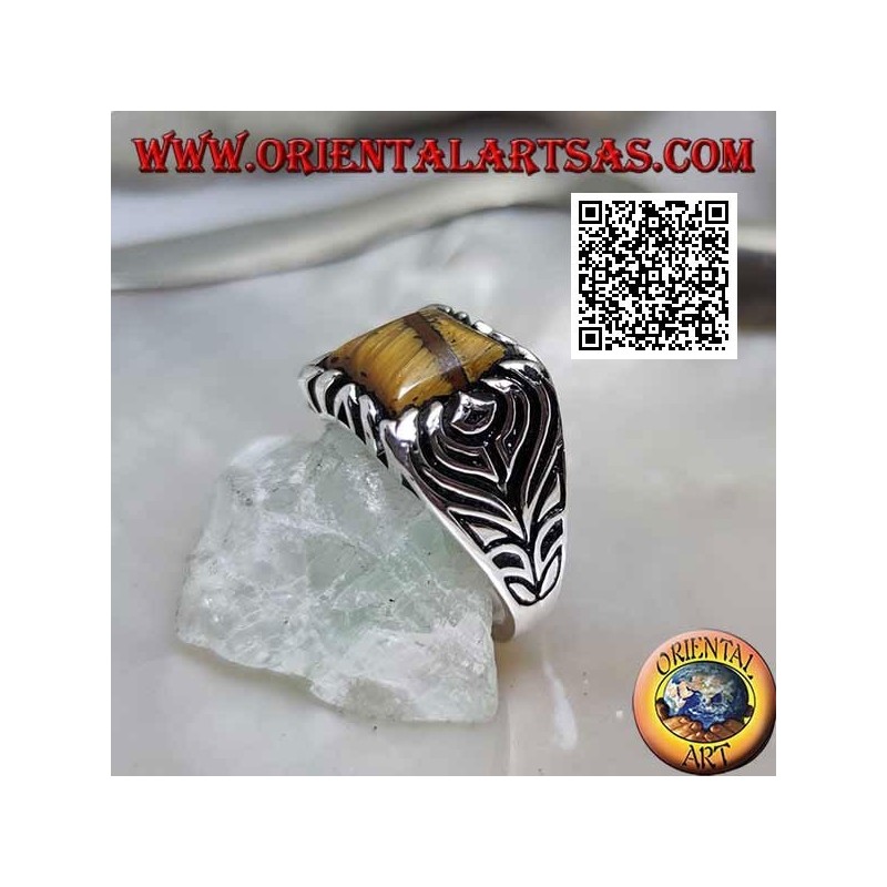 Silver ring with square tiger eye and flower engraved on the sides