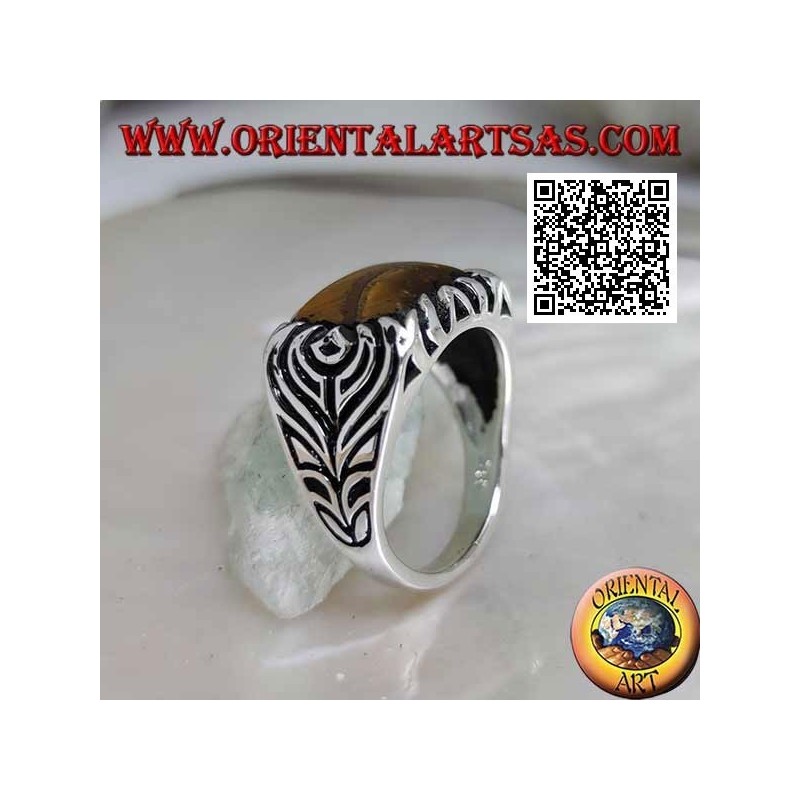 Bague en argent avec oeil de tigre carré et fleur gravée sur les côtés