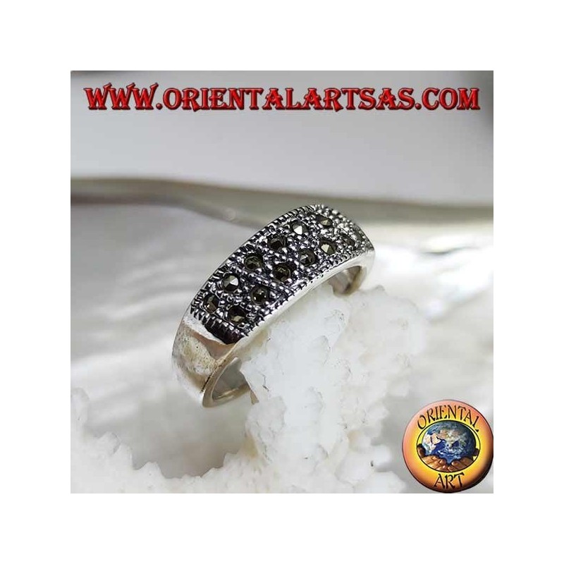 Silver band ring with rows of two oblique marcasites on the front