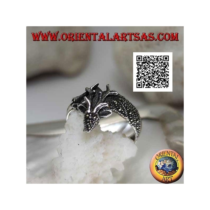 Silver ring in the shape of a royal deer studded with marcasite