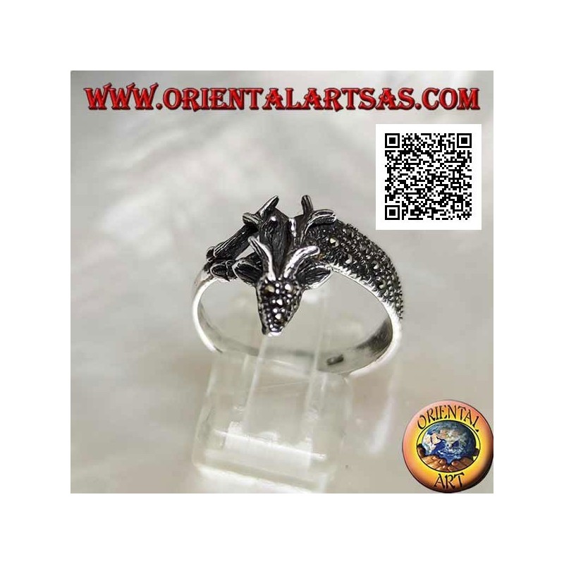 Silver ring in the shape of a royal deer studded with marcasite