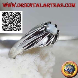 Silver ring with mother of pearl hemisphere set on a volcano protruding mount