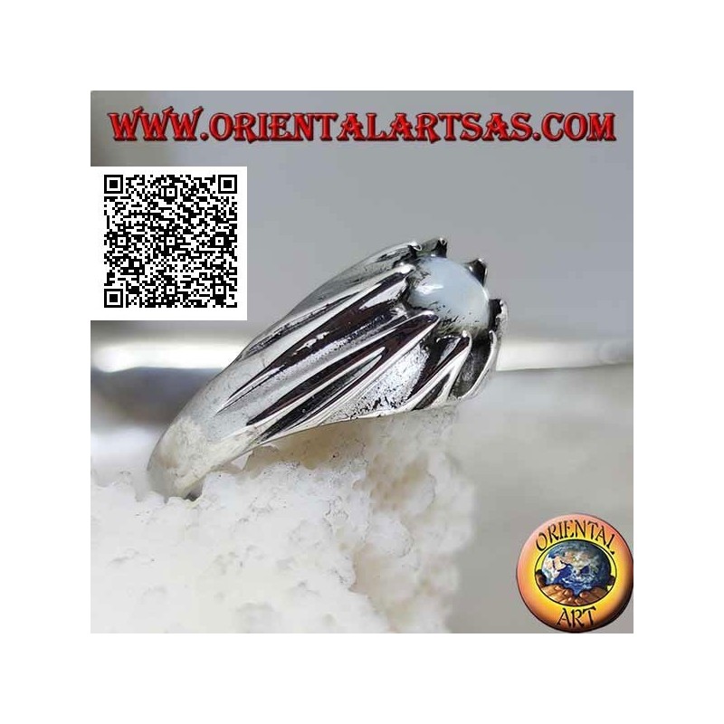 Silver ring with mother of pearl hemisphere set on a volcano protruding mount