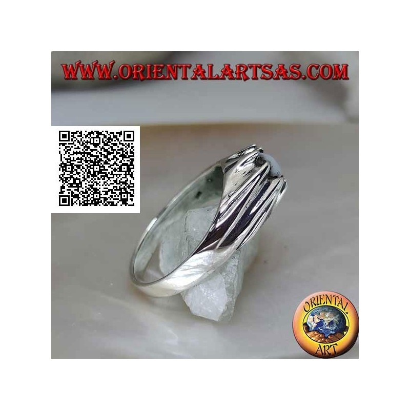 Silver ring with mother of pearl hemisphere set on a volcano protruding mount