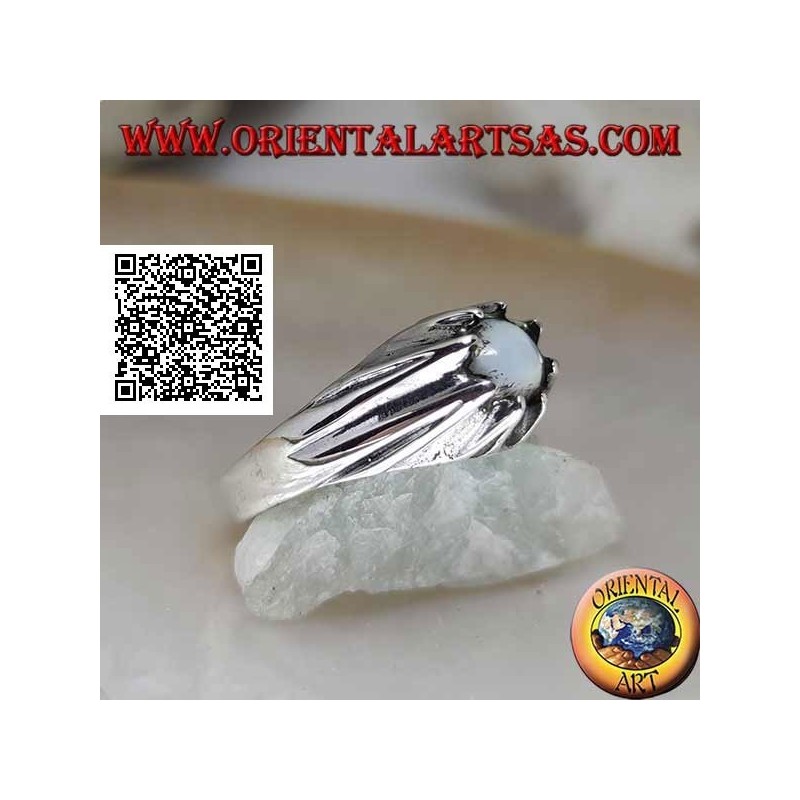 Silver ring with mother of pearl hemisphere set on a volcano protruding mount