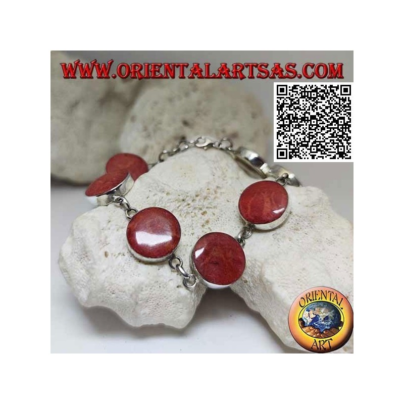 Pulsera de plata con 7 madréporas rojas redondas (coral) separadas por anillos de cadena