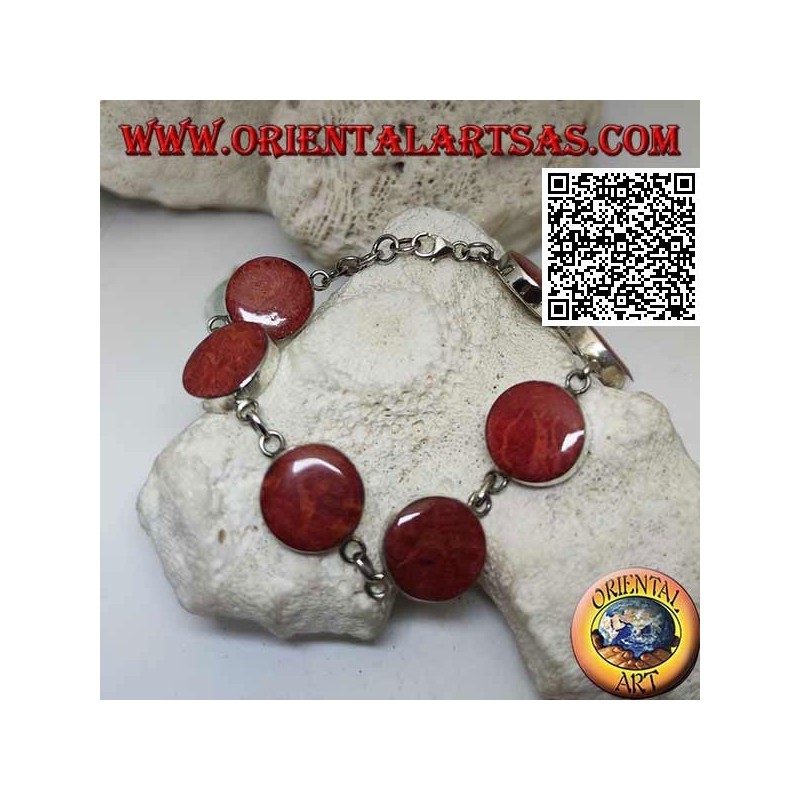 Bracelet en argent avec 7 madrépores ronds rouges (corail) séparés par des anneaux de chaîne