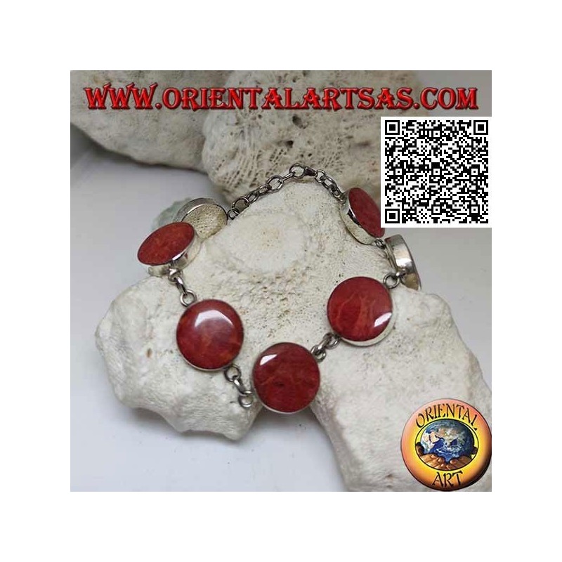 Pulsera de plata con 7 madréporas rojas redondas (coral) separadas por anillos de cadena