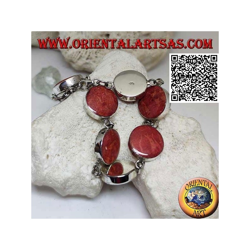 Bracelet en argent avec 7 madrépores ronds rouges (corail) séparés par des anneaux de chaîne