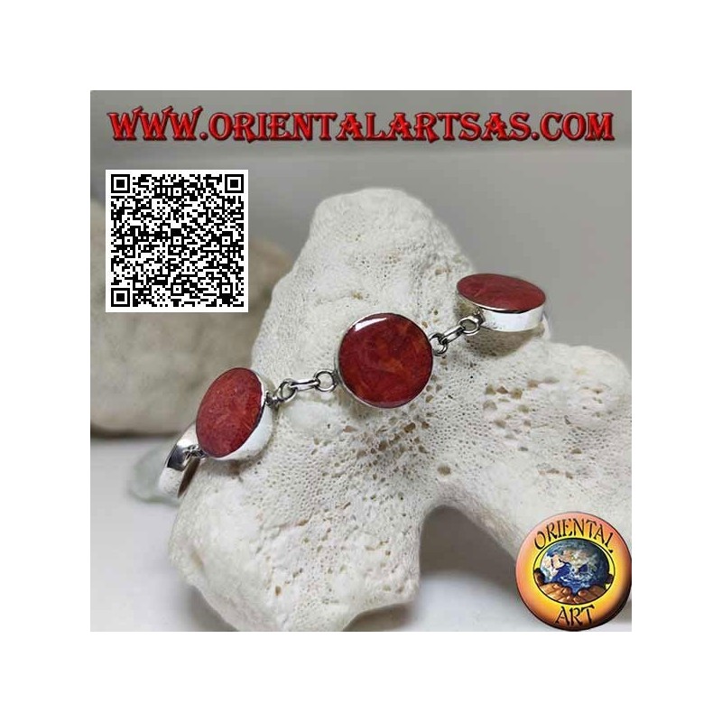 Pulsera de plata con 7 madréporas rojas redondas (coral) separadas por anillos de cadena