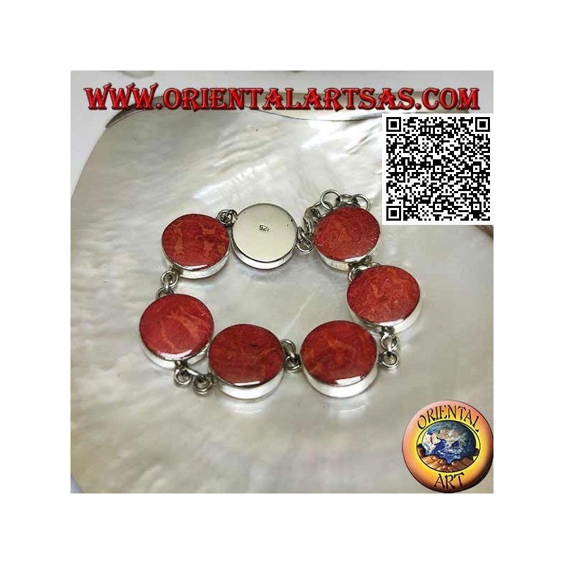 Silver bracelet with 7 round red madrepores (coral) separated by chain rings