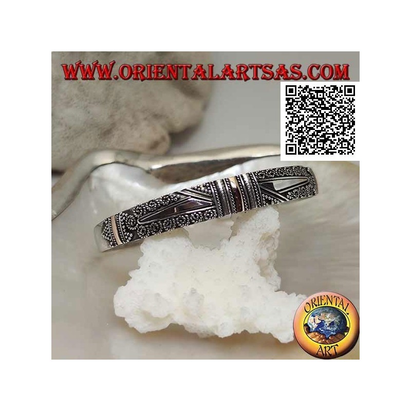 Silberarmband mit 3 14-Karat-Goldplatten und ethnischer Dekoration sowie 2 glatten Trapezoiden