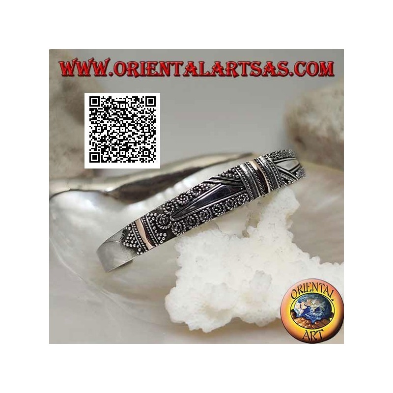 Silver bracelet with 3 14-karat gold plates and ethnic decoration and 2 smooth trapezoids