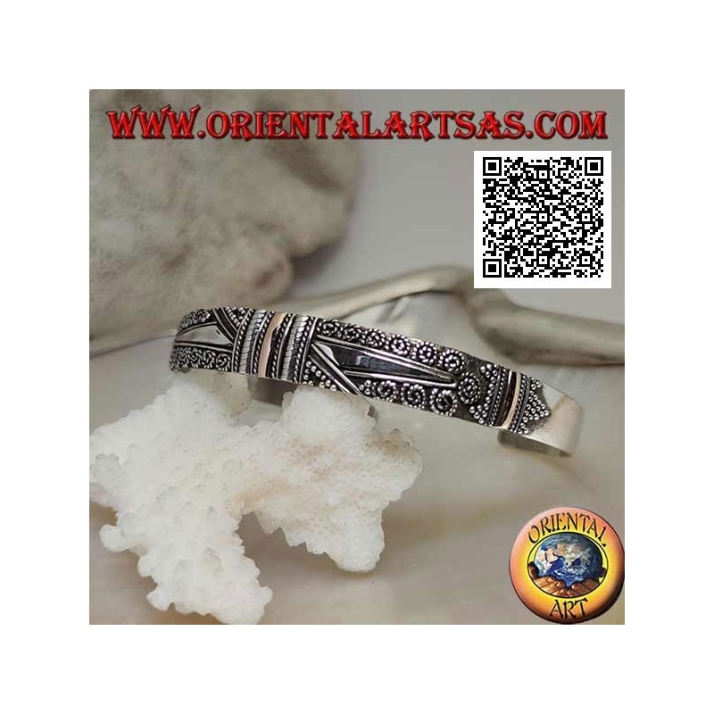 Silberarmband mit 3 14-Karat-Goldplatten und ethnischer Dekoration sowie 2 glatten Trapezoiden
